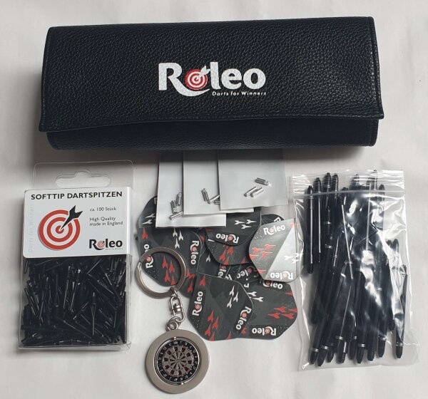 Roleo Dartset - Tasche, Spitzen, Flys, Shafts, Protectoren + Schlüsselanhänger