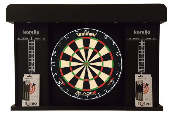 Steeldart Set Dartscheibe Winmau Blade 6 + Kabinett + 2 Satz Roleo Dartpfeile