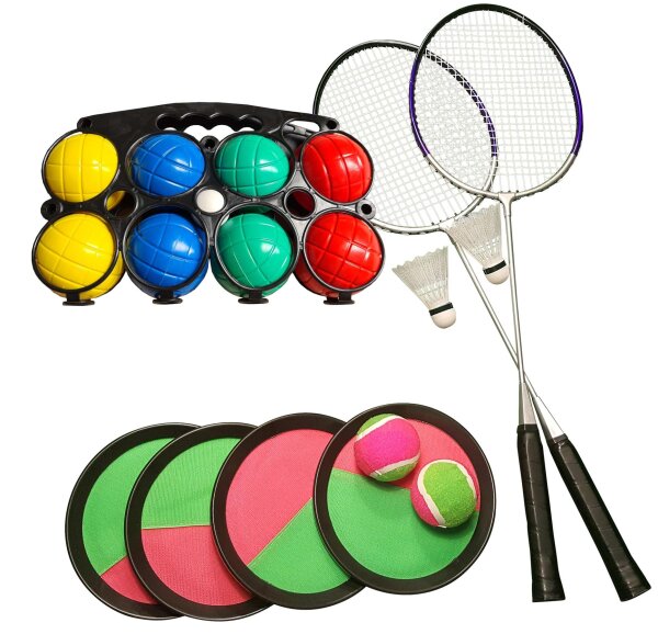 Strandset Strandspiele Set Boccia + 2 Badmintonschläger + Bälle + Klettball