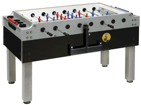 Tischkicker Kickertisch Olympic Silver m Münzung + Glasabdeckung Safety-Teleskop
