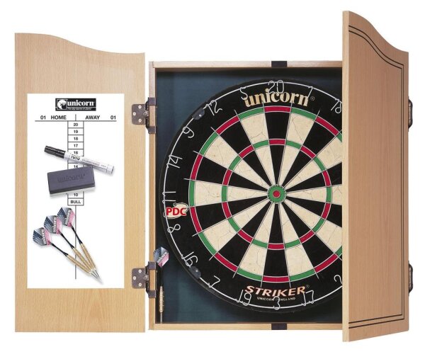 Unicorn Dartscheibe Dartboard Striker Set + 2 Sätze Darts + Holzkabinett