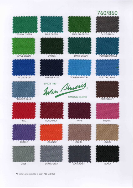 Billardtuch Simonis 860 - 830 g / lfdm in verschiedenen Farben - 198 cm
