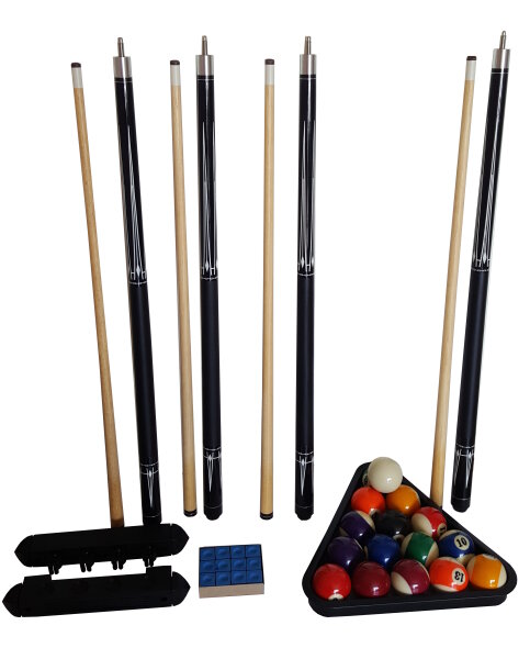 Billard Komplett Set - 4 Queues, 1 Satz Kugeln, Triangel, Kreide + Wandhalterung