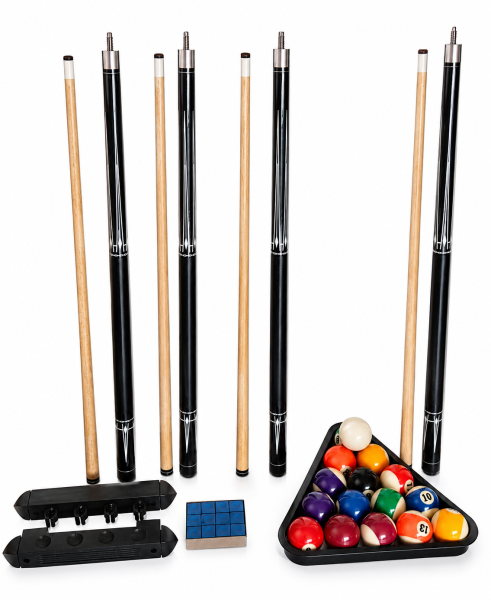 Billard Komplett Set - 4 Queues, 1 Satz Kugeln, Triangel, Kreide + Wandhalterung