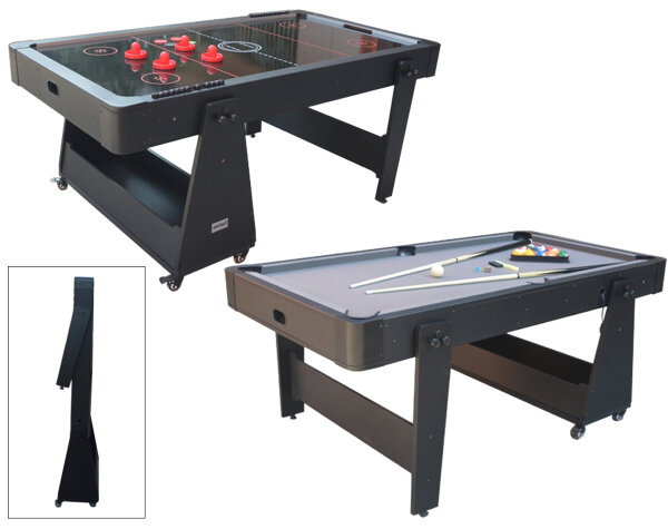 Charlsten Multi Airhockeytisch / Billardtisch - 2-in-1 zusammenklappbar schwarz oder Holzoptik