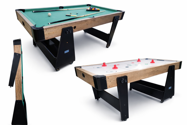 Charlsten Multi Airhockeytisch / Billardtisch Holzoptik - 2-in-1 zusammenklappbar